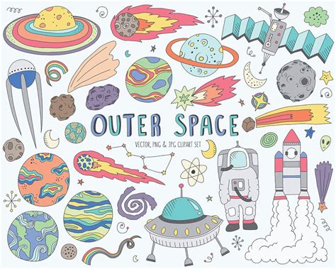 Space Clipart Cute Space Doodles Clip Art Set Vector, PNG & JPG Files ...