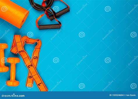 Gym Equipment on Blue Background, Shot from Above Stock Photo - Image of concentration, motion ...