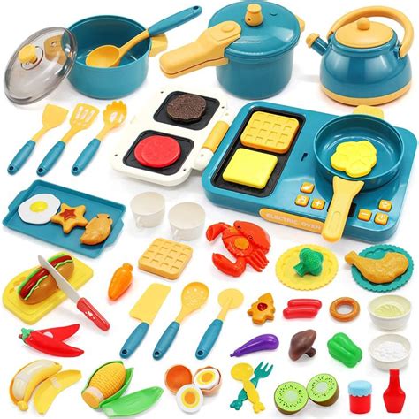 a play kitchen set with various cooking utensils