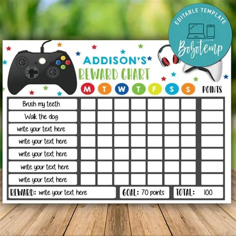 Printable EDITABLE Gamer Weekly Reward Chart Kids Digital Download ...