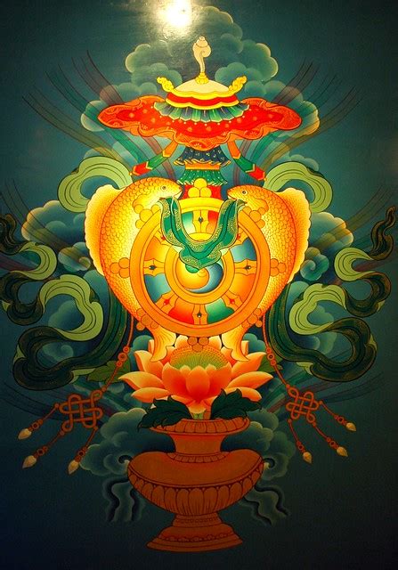 Eight Auspicious Symbols, wall mural, Tibetan Buddhist symbols; vase, flower, infinity knot ...