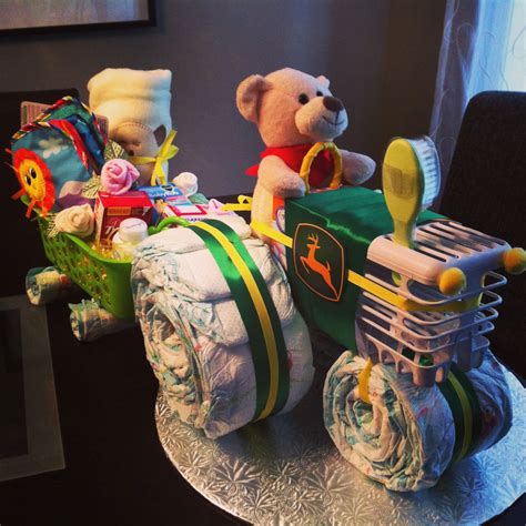 John Deere tractor diaper cake with attached wagon of goodies. Baby ...