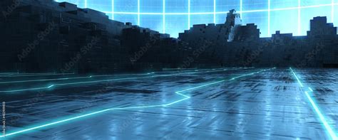 Futuristic Cyber City. Blue Neon Lights. Wet Black Road. Wallpaper in a ...