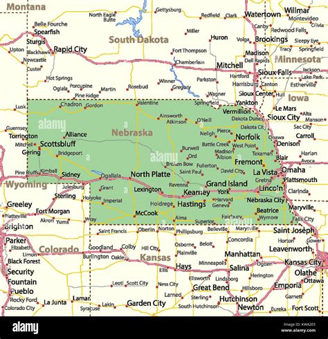 Map of Nebraska. Shows country borders, urban areas, place names, roads and highways. Projection ...