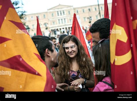 Athens, Greece. 26th June, 2015. Members of the Greek Communist Party Youth during a ...