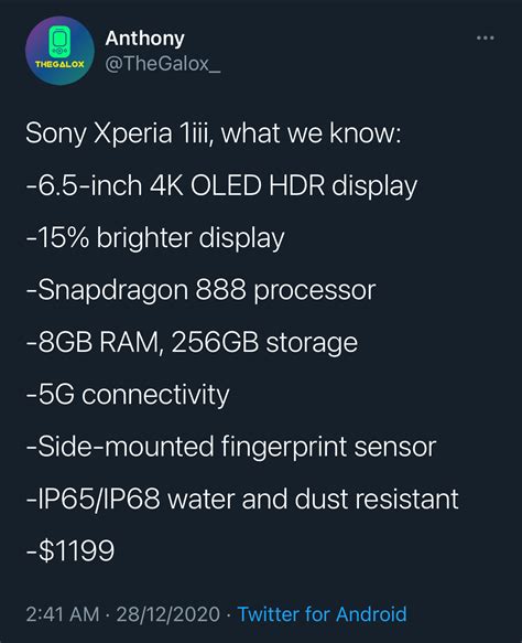 Sony Xperia 1 III Specs Revealed: 4K OLED With Snapdragon 888 5G