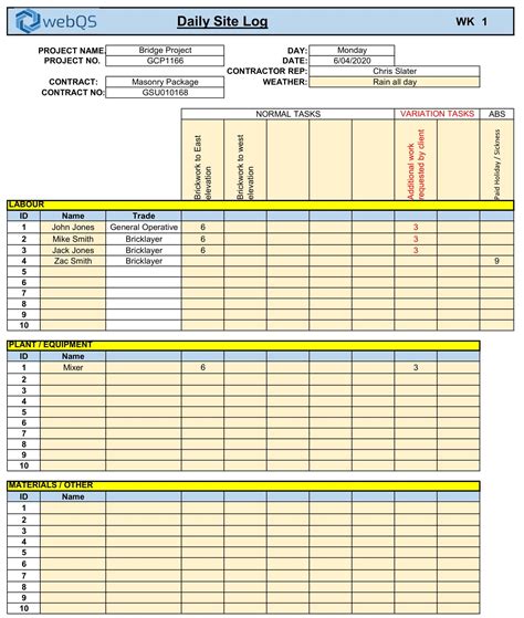 Construction Daily Log Template for Excel - webQS