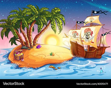 Treasure island and pirate ship Royalty Free Vector Image