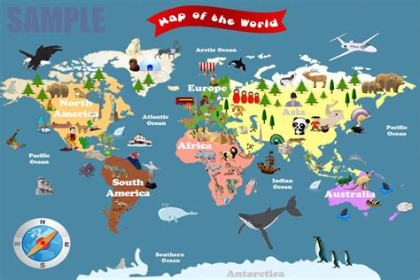 Kids map of the world, with animals. | Maps for kids, Kids world map, World map