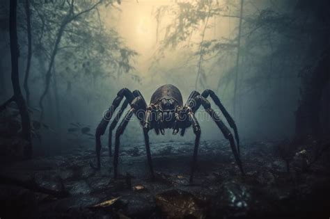 Big Spider Monster in Misty Forest at Night. Arachnophobia and Nightmare. Generative AI ...