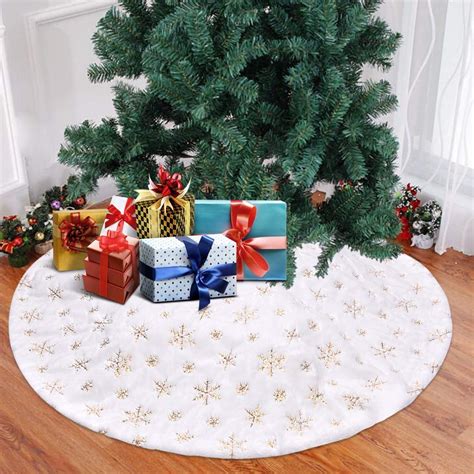 GLiving Christmas Tree Skirt Decorations - White Faux Fur Gold Snowflake Tree Skirt Rustic Large ...