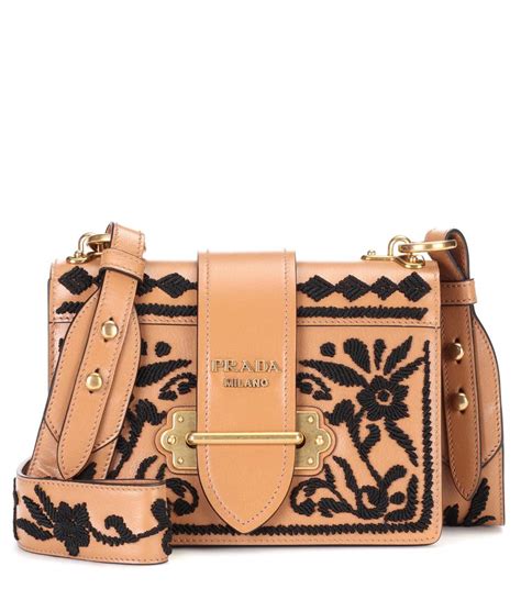 Prada Madras Embroidered Cahier Shoulder Bag In Caramel | ModeSens