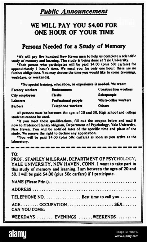 MILGRAM EXPERIMENT, 1963. /nPublic announcement asking for volunteers ...