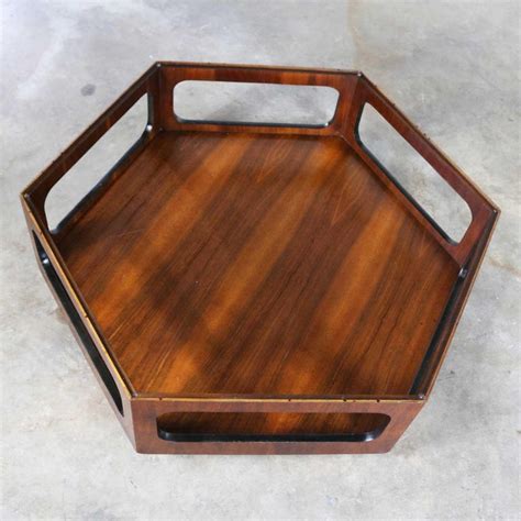 MCM Lane Alta Vista Hexagon Coffee Table Walnut and Smoked Glass Style 1121 04 For Sale at 1stDibs