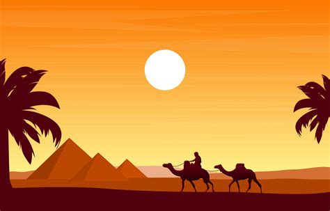 Camel Caravan Crossing Egypt Pyramid Desert Arabian Landscape Illustration 2034742 Vector Art at ...