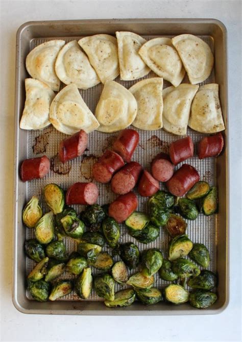 Easy Kielbasa, Pierogi and Brussels Sprouts Sheet Pan Dinner - Cooking With Carlee