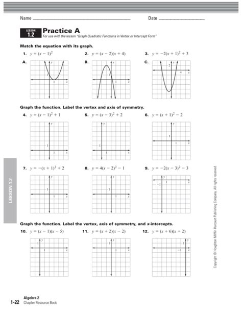 Graphing Quadratic Functions Worksheet Answer Key Algebra 2 – Function Worksheets