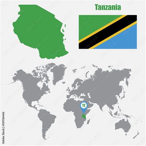 Tanzania map on a world map with flag and map pointer. Vector ...