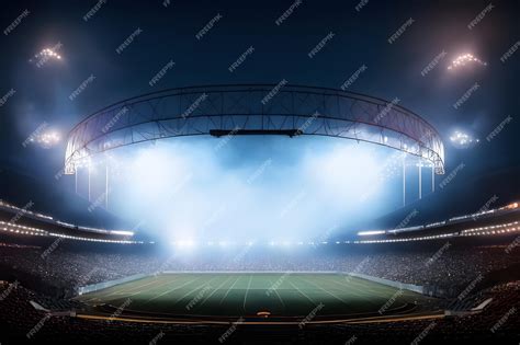 Premium AI Image | Football stadium at night with bright floodlights ...