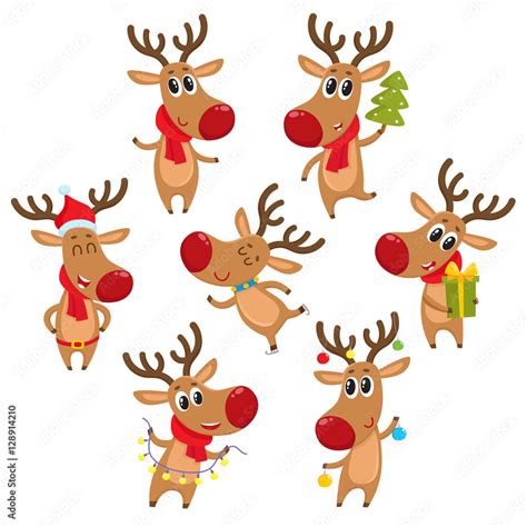 Cute and funny Christmas reindeers, cartoon vector illustration isolated on white background ...