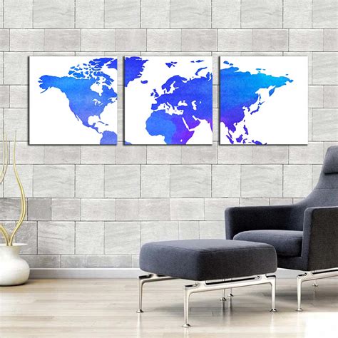 World Map Canvas Wall Art, Detailed World Map 3 Piece Canvas Set, Blue ...