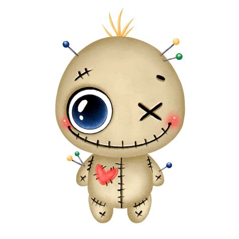 Premium Vector | Illustration of a cute cartoon halloween smiling brown voodoo doll with a red ...