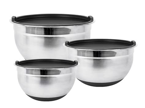 Durable Stainless Steel Mixing Bowls with Lids and Non Slip Bottom (Set of 3, Black) by Fitzroy ...