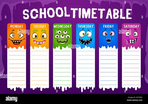 Education school timetable or student schedule with cartoon vector monster faces. Study planner ...