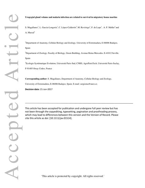 (PDF) Uropygial gland volume and malaria infection are related to survival in migratory house ...