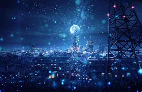 Anime city, night, moon, stars, sky, scenic, girl, towers, Anime, HD ...