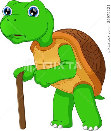 cartoon old turtle walking with a stick - Stock Illustration [86979321] - PIXTA