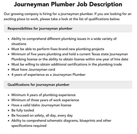 Journeyman Plumber Job Description | Velvet Jobs