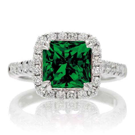 1.5 Carat Cushion Cut Emerald Halo Engagement Ring for Women on 10k White Gold - JeenJewels