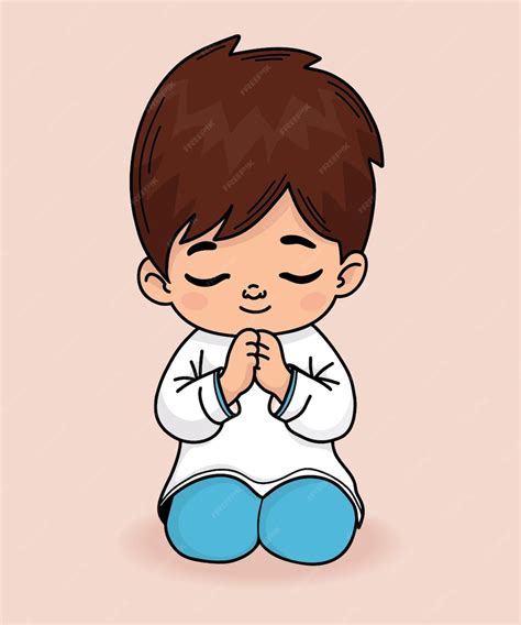 Menino orando de joelhos com as mãos cruzadas em oração criança crente religiosa desenho de mão ...