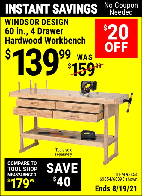 WINDSOR DESIGN 60 In. 4 Drawer Hardwood Workbench for $139.99 | Workbench, Harbor freight tools ...