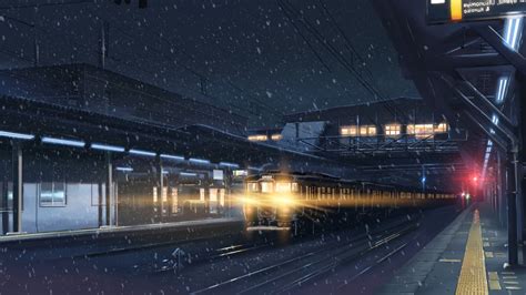 anime, Winter, Lights, Train Station, Train, Snow, Night, 5 Centimeters ...