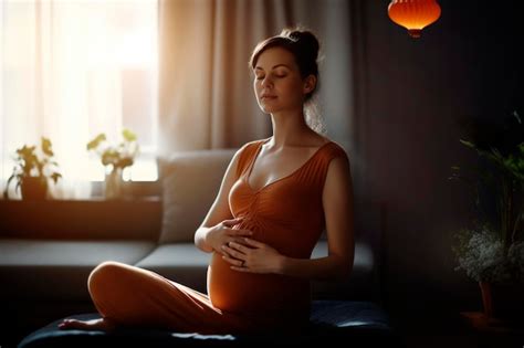 Premium AI Image | Pregnant woman relaxes doing yoga in the dim light of her home Ai generated