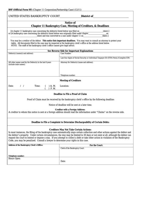 Form B9f - Notice Of Chapter 11 Bankruptcy Case, Meeting Of Creditors ...