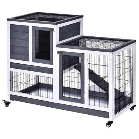 PawHut Wooden Indoor Rabbit Hutch Elevated Cage Habitat with Enclosed Run with Wheels, Ideal for ...