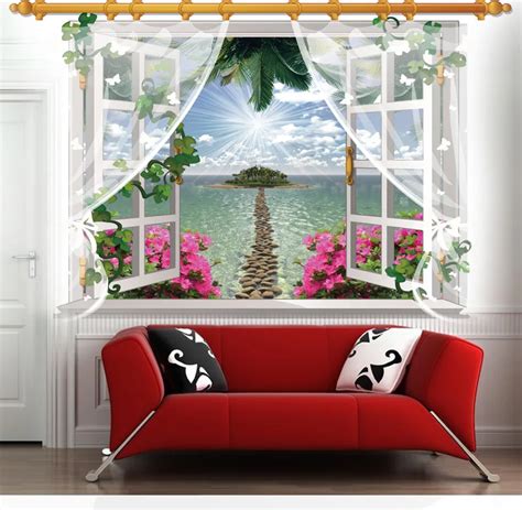 Fake Window Wall Stickers Removable PVC 3D Open the Window Sea View ...