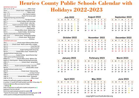 Henrico County Public Schools Calendar with Holidays 2022-2023