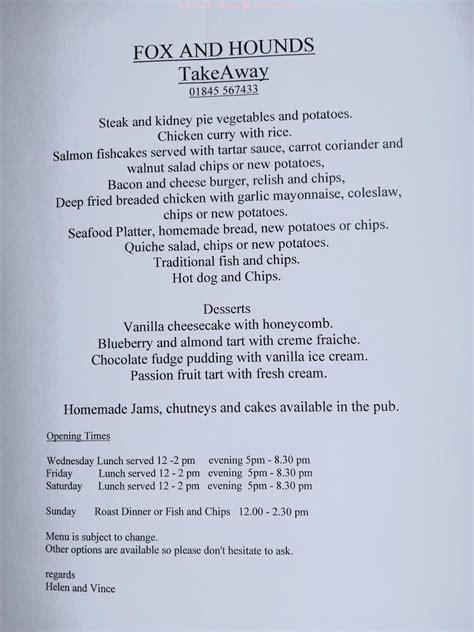 Menu at The Fox & Hounds pub & bar, Carthorpe, Main Street