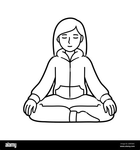 Young woman sitting in meditation in comfortable home clothes. Simple black and white line art ...