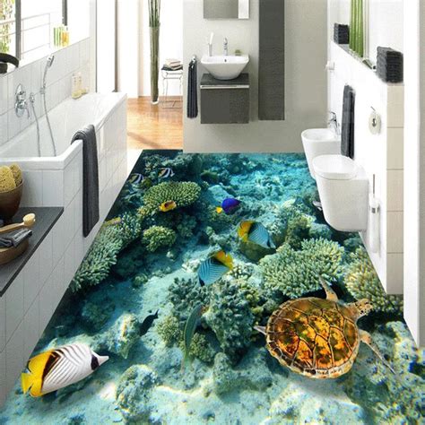 Custom 3D Floor Wallpaper Plastic Coral Sea Turtle Modern Mural Paintings PVC Self adhesive ...