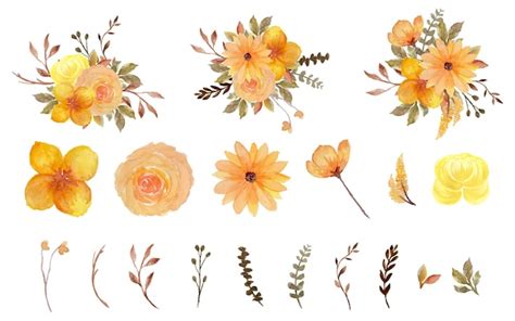 Free Vector | Gorgeous yellow and brown individual watercolor flowers collection