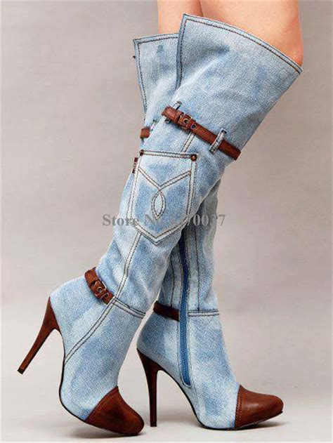 High Quality Women Fashion Pointed Toe Blue Denim Over Knee Boots Patchwork Long High Heel Jean ...