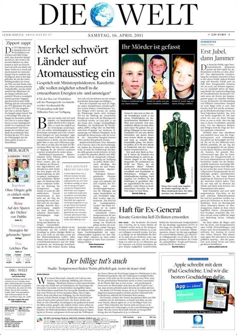 Newspaper Die Welt (Germany). Newspapers in Germany. Saturday's edition, April 16 of 2011 ...