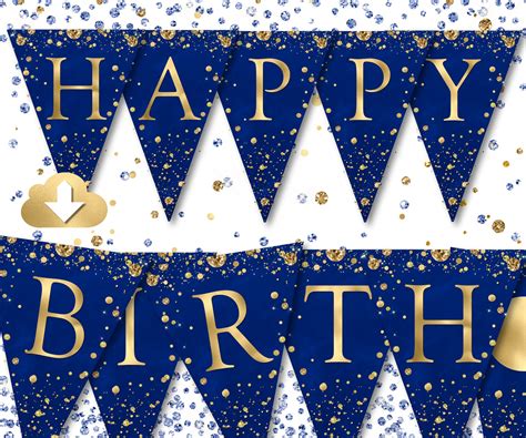 Happy Birthday Banner Blue Gold Birthday Banner Printable | Etsy