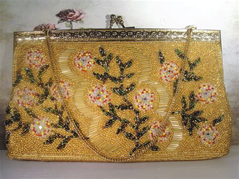 Vintage Gold Beaded Purse, Beaded Clutch, Green Leaves and Floral ...