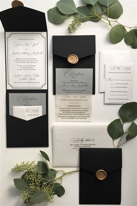 Black Pocket Fold Wedding Invitation with Gold Wax Seal | Wedding cards ...